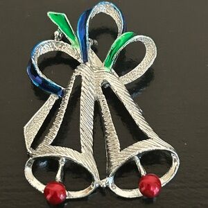 Vintage Gerrys Silver Toned Christmas Bells Pin Brooch Blue Red Green Enamel
